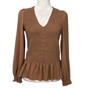 Ont Welfth Women's Top Brown Long Sleeve Smocked Size Small Blouse Pullover